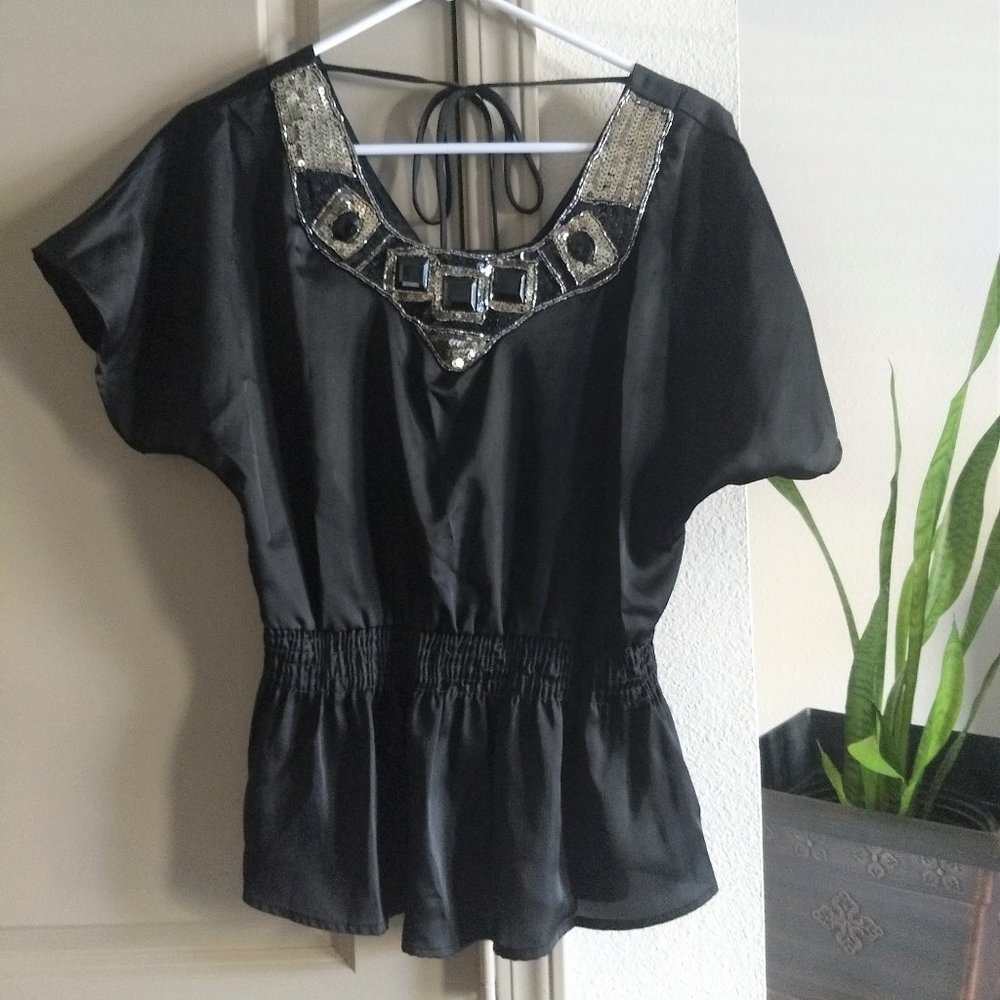 💕 Black Satin Sequin Embelished Top Ruffle Blouse
